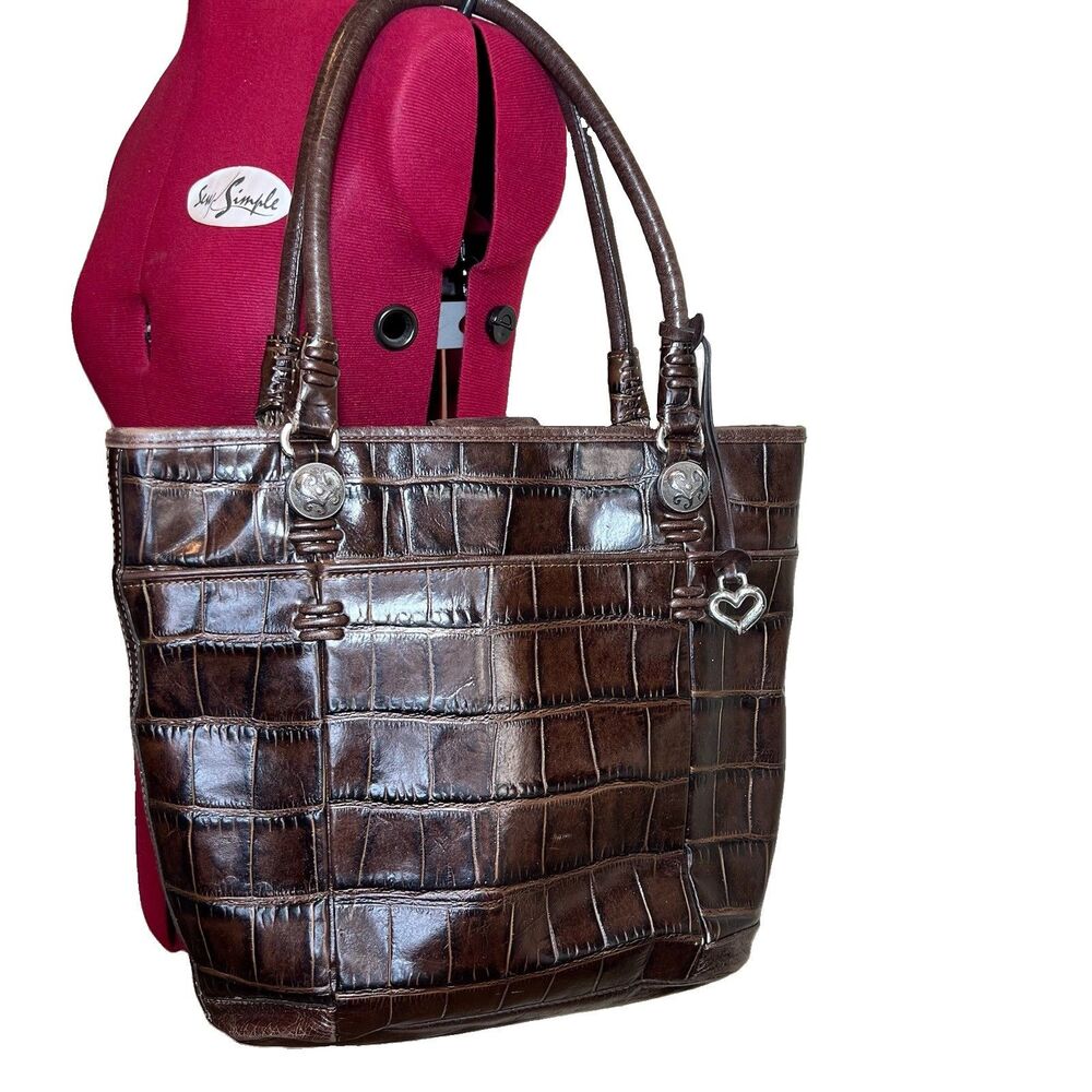 Brighton Brown Croc Embossed Leather Tote Shoulder Bag Heart Charm - Picture 2 of 14
